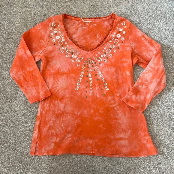 Coral Tie-Dye Y2K Studded Ruffle V-Neck Top - Picture 4 of 7